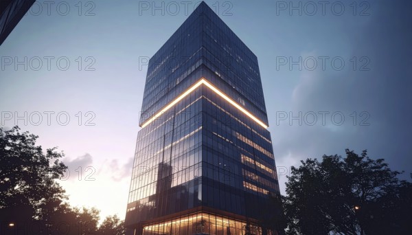 Modern building reflecting sunset light at dusk. Abstract Futuristic Business Background, AI generated