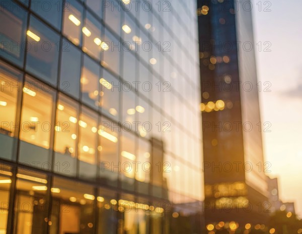 Modern building reflecting sunset light at dusk. Abstract Futuristic Business Background, AI generated