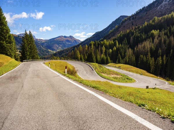 Pass road with many hairpin curves, Dolomite Road, Passo Pordoi, Dolomites, Alps, Belluno province, Veneto region, Italy