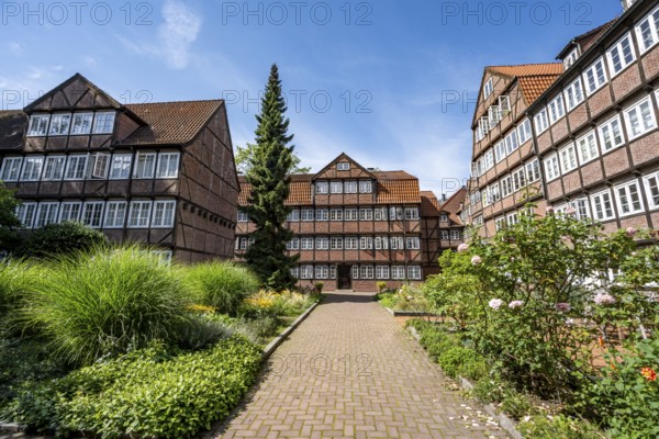 Facades of the historic brick buildings, inner courtyard, view over the city, Peterstraße, composers' quarter, Neustadt, Hamburg, Germany