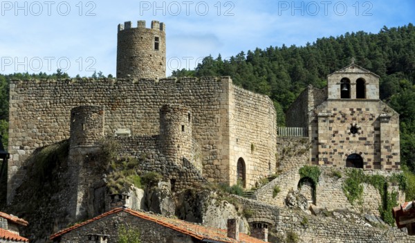 Saint Andre de Chalencon village. Castle and Chapel of Chalencon. Haute Loire. Auvergne Rhone Alpes. France