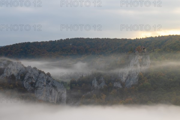 View from the Knopfmacherfelsen to Bronnen Castle, limestone rock, rock face, mixed forest, autumn colours, fog, autumn, Fridingen, Danube Valley, Upper Danube nature park Park, Baden-Württemberg, Germany