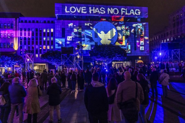 The 10th Essen Light Festival, in the city centre, second largest light art festival in Germany, light art on Kennedyplatz, Platz der Wünsche, light installation, with DJ sound, Essen, North Rhine-Westphalia, Germany