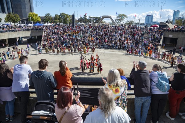 Detroit, Michigan USA - 13 October 2025 - On Indigenous People's Day, Native American tribes held a Pow Wow in downtown Detroit. The city of Detroit (originally Waawiyatanong) recognizes the day as Indigenous People's Day, while the federal government observes it only as Columbus Day