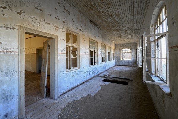 Former dwelling house full of sand, Kolmanskop, restricted diamond area, Karas region, Namibia