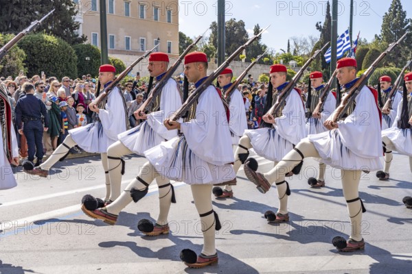 The traditional changing of the guard of the Evzones in front of the Greek Parliament in the Greek capital Athens, Greece