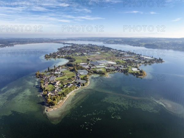 Aerial view of the north-western tip of the island of Reichenau in Lake Constance, with the district of Niederzell and the columned basilica of St Peter and Paul, Windegg Castle on the shore, district of Constance, Baden-Württemberg, Germany
