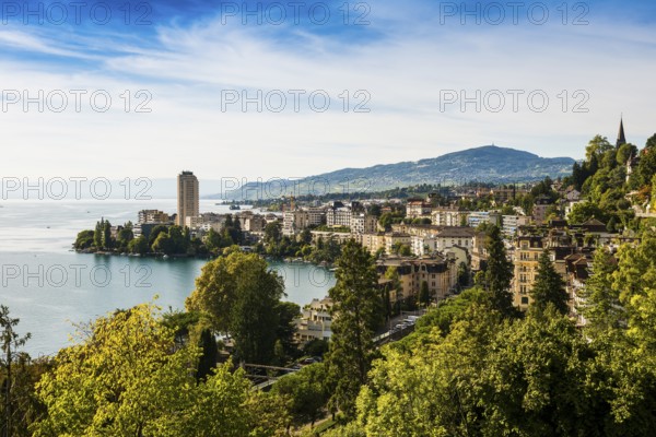 Town by the lake, Panorama, Montreux, Lake Geneva, Lac Léman, Canton Vaud, Switzerland