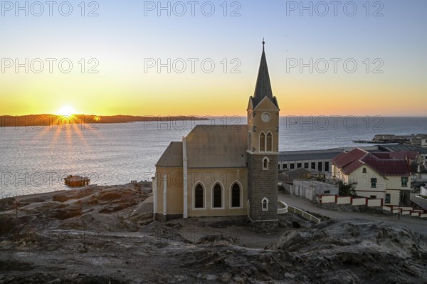 View of the rock church from 1912, blue hour, Lüderitz, Karas Region, Namibia