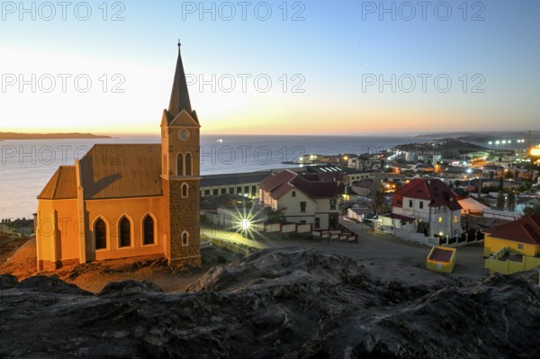 View of the rock church from 1912, blue hour, Lüderitz, Karas Region, Namibia