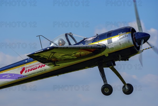 A Jakovlev Jak-55 with the registration LY-AGL during a flight demonstration as part of an air show at the Rossfeld in Metzingen-Glems, Baden-Württemberg, Germany, for editorial use only
