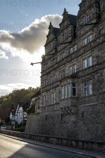 Facade of Hämelschenburg Castle, a moated castle and major work of the Weser Renaissance, near Emmerthal, Weserbergland, Lower Saxony, Germany