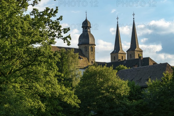 View of the monastery church of Marienmünster Abbey, a former Benedictine monastery, Teutoburg Forest, North Rhine-Westphalia, Germany