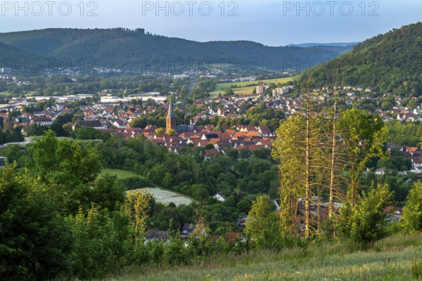 Elevated view of the historic old town of Lügde, Teutoburg Forest, North Rhine-Westphalia, Germany