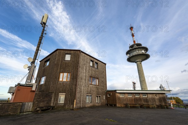 Köterberghaus and radio tower on the Köterberg, a popular excursion destination for motorbike riders between Lügde and Höxter, Teutoburg Forest, North Rhine-Westphalia, Germany