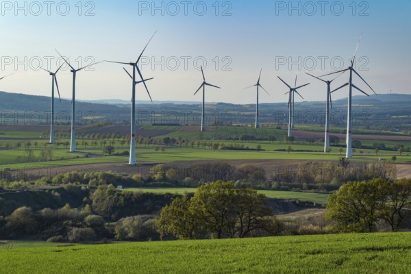 Wind farm with many wind turbines near Coppenbrügge, Lower Saxony, Germany