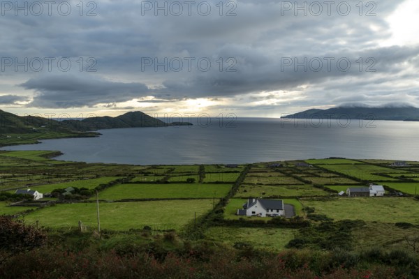 Elevated view over green meadows bordered by natural stone walls and typical cottages to the Atlantic Ocean and Ballinskelligs Bay near Waterville, Ring of Kerry, Iveragh Peninsula, County Kerry, Ireland