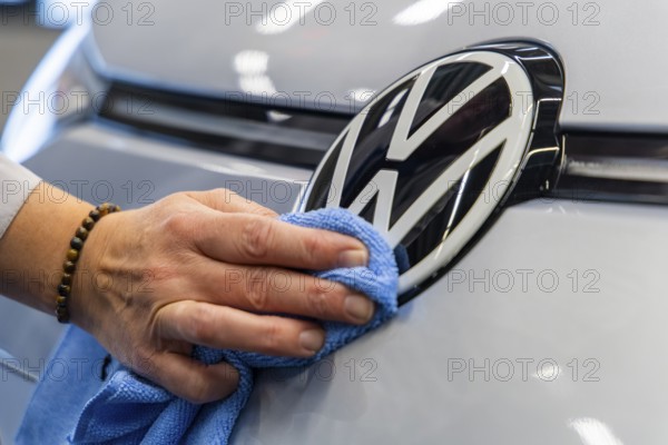 Electric car production in the assembly halls of VW in Zwickau. VW logo, Zwickau, Saxony, Germany