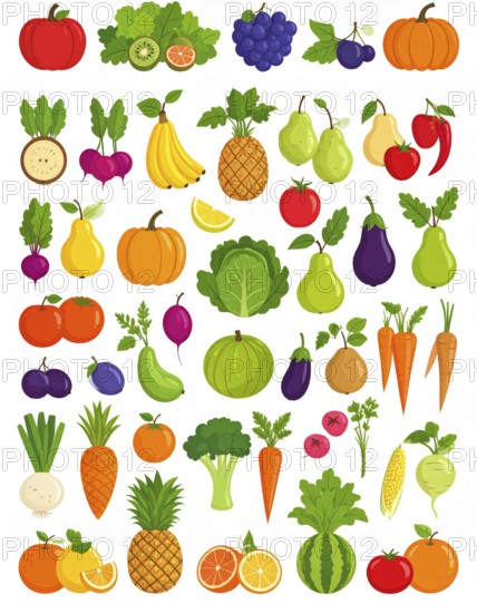 Spring and summer fruit and vegetable element set, vector illustration, AI generated