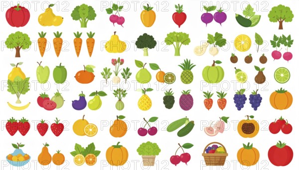 Spring and summer fruit and vegetable element set, vector illustration, AI generated