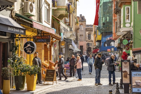 Cafe and shops in the colourful Balat district, Istanbul, Turkey