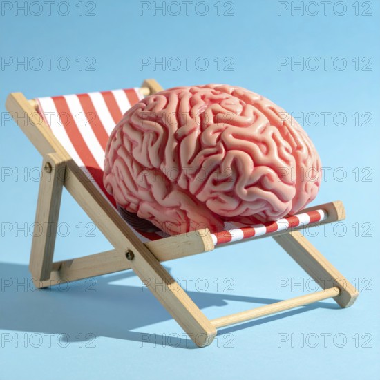 Brain relaxes on a sunbed under the summer sun, placed on a flat surface, symbol for mental health, AI generated