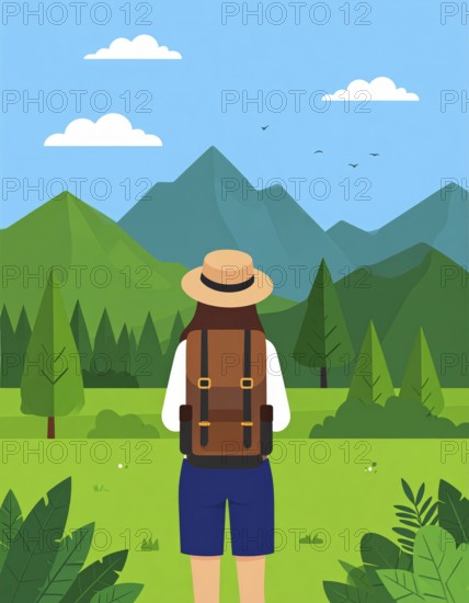 Traveling and hiking in mountain landscape, abstract vector illustration, AI generated image