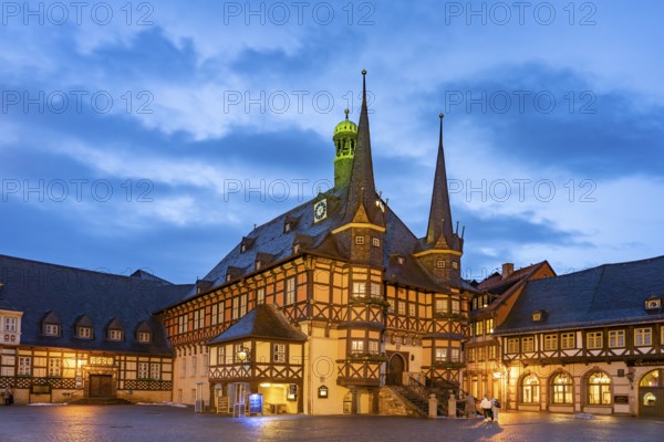 The town hall and market square in Wernigerode at dusk, Saxony-Anhalt, Germany