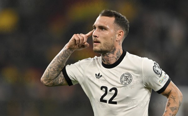 Goal celebration David Raum GER (22) Gesture Gesture World Cup qualifier, international match, Germany v Luxembourg, PreZero Arena, Sinsheim, Baden-Württemberg, Germany