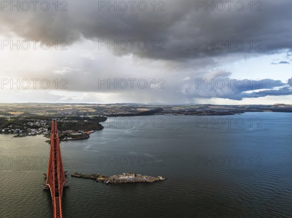 Inch Garvie Castle from a drone, Forth Bridge, Queensferry Crossing, Forth Estuary, Scotland, United Kingdom