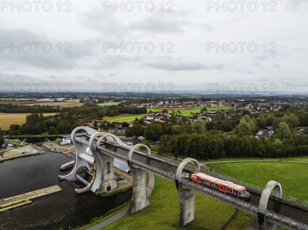 Filkirk Wheel from a drone, Forth and Clyde Canal, Falkirk, Scotland, UK