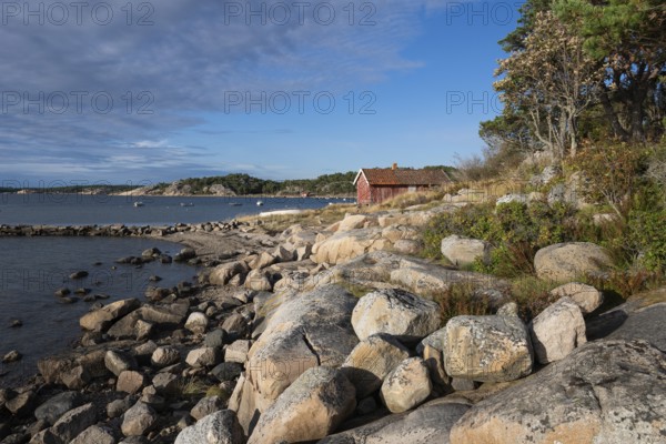 Falun red or Swedish red boathouse, Bohus granite, Resö island, Bohuslän, Skagerrak, Sotenäs, Västra Götalands län, Sweden