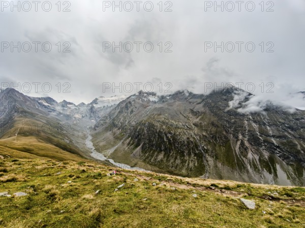 Panoramic view from the Hohe Mut over the Mutsattel and the Rotmoostal to the Gurglkamm in the Ötztal Alps, Hohe Mut Alm, Gurgl, Sölden, Tyrol, Austria