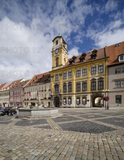 Old town centre and town hall in Baroque style, protected cultural monument, Roland Fountain, market square, Cheb, Eger, Egerland, Bohemia, Czech Republic, Czech Republic