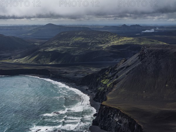 Coast, mountains, sea, volcanic landscape, cloudy, sunny, summer, aerial view, Reykjanes, Iceland