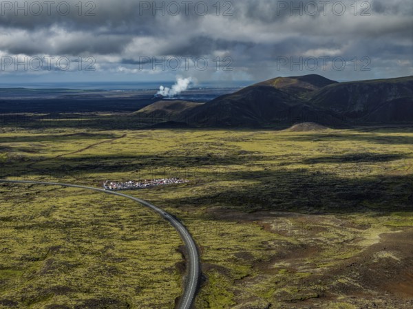 Lava, lava field, summer, cloudy, sunny, volcanic eruption, aerial view, tourists, car park, July 2025, Grindavik, Sundhnúkur crater series, Fagradalsfjall, Reykjanes, Iceland