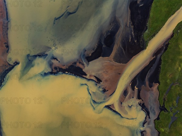 River, river course, river delta, branches, aerial view, wild river, summer, marshland, sediments, sulphur, South Iceland, Iceland