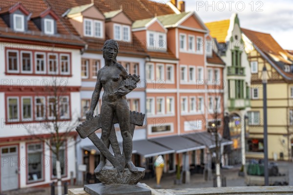 Bronze sculptures of Gotha's virtues on the balustrade of the horse trough on the main market square, Gotha, Thuringia, Germany