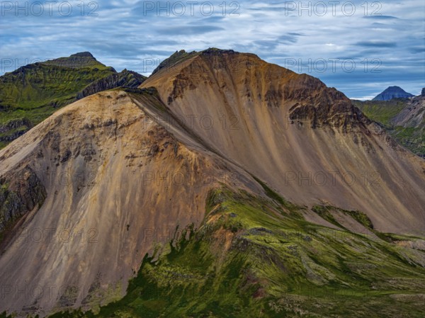 Mountains, coast, summer, aerial view, morning light, volcanic, cloudy, Faskrudsfjördur, East Fjords, Iceland
