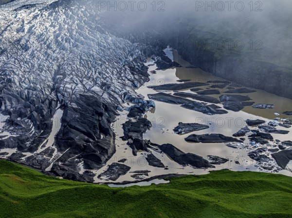 Ice floes, glacier, glacier tongue, glacier lake, sunny, cloudy, morning mood, mountains, reflection, aerial view, summer, Svinavellsjökull, Skaftafell, Vatnajökull National Park, Iceland