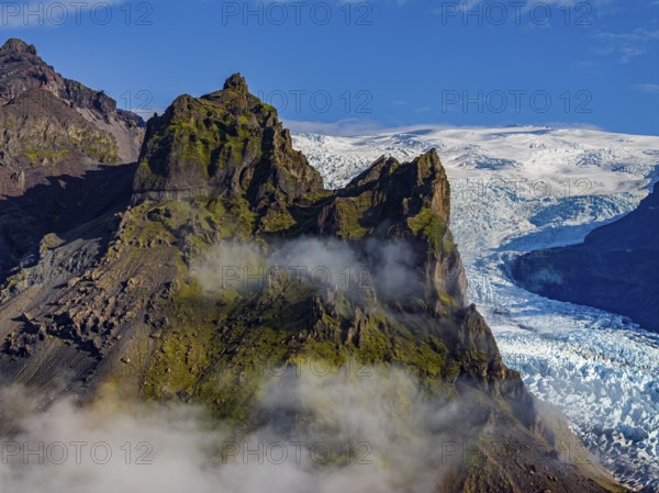 Glacier, glacier tongue, sunny, morning mood, mountains, fog, aerial view, summer, Kviarjökull, Vatnajökull, Iceland