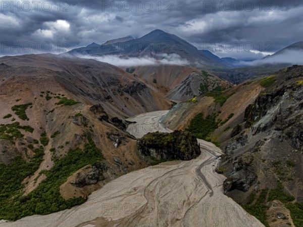 River, river course, river delta, mountains, clouds, canyon, gorge, summer, aerial view, Hvannagil, south-east Iceland, Iceland