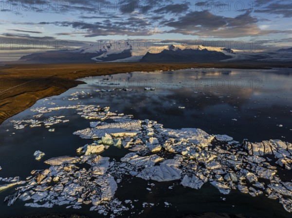 Ice floes, glacier, glacier tongue, fog, clouds, morning mood, mountains, reflection, aerial view, summer, glacier lagoon, Jökulsarlon, Vatnajökull, Iceland