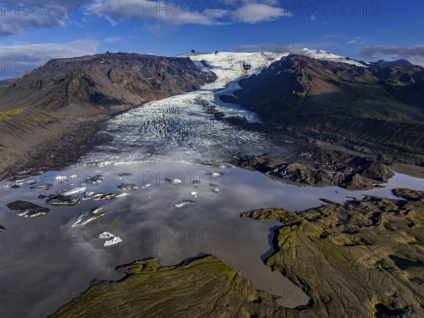 Ice floes, glacier, glacier tongue, glacier lake, sunny, morning mood, mountains, reflection, aerial view, summer, Kviarjökull, Vatnajökull, Iceland
