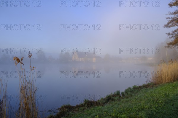 Morning atmosphere, fog at the Fischhof, Tirschenreuth, Upper Palatinate, Bavaria, Germany