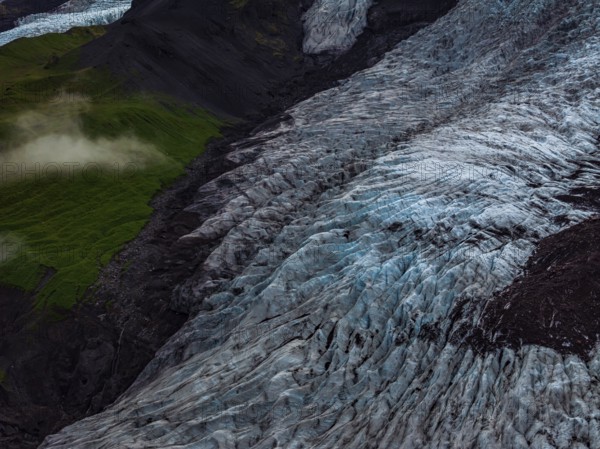 Glacier, glacier tongue, mountains, cloudy, summer, aerial view, Fjalljökull, Skaftafell, Iceland