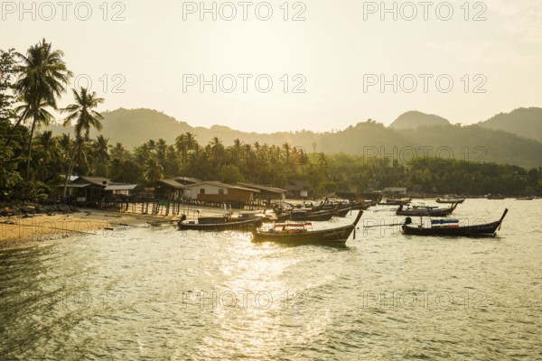 Fishing huts on the beach, sunset, Koh Mook, Trang province, southern Thailand, Andaman Sea, Thailand