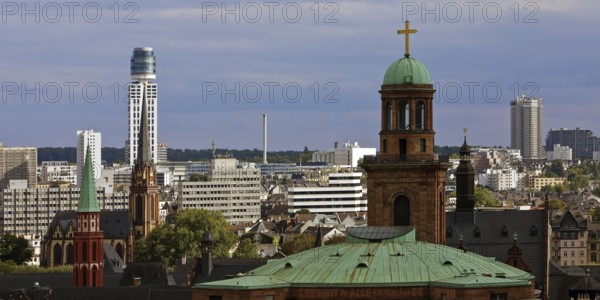 Tower of St Paul's Church, the old Protestant Church of St Nicholas, the Protestant Church of the Epiphany and the New Henninger Tower, Frankfurt am Main, Hesse, Germany