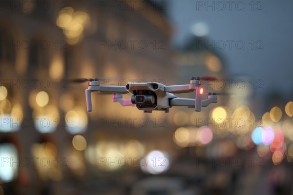 Ein Fernpilot steuert sein Quadrocopter, Drohne illegal über dichtbesiedeltes Stadtgebiet an einem touristischem Hotspot mit vielen Menschen, Symbolbild für illegaler Drohnenbetrieb über Menschenmengen, kritische Infrastruktur, Flugverbot, Betriebsverbot, Persönlichkeitsrechte, Eigentumsrechte, Urheberrechte, AI generiert, AI generated