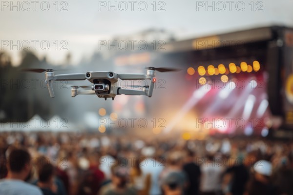 Ein Fernpilot steuert sein Quadrocopter, Drohne illegal über ein Open-Air Musik Konzert mit vielen Menschen, Symbolbild für illegaler Drohnenbetrieb über Menschenmengen, Missachtung von Flugverbotszonen, kritische Infrastruktur, Flugverbot, Betriebsverbot, Persönlichkeitsrechte, Eigentumsrechte, Urheberrechte, AI generiert, AI generated